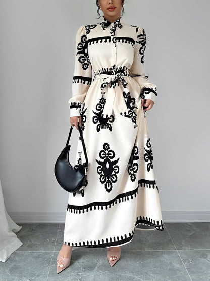 Lantern Long Sleeve Collar Boho Print Maxi Dress