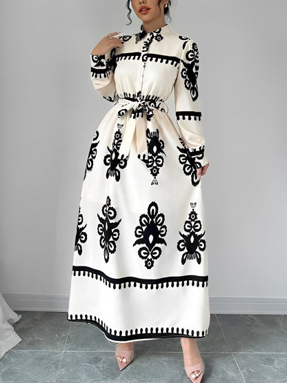 Lantern Long Sleeve Collar Boho Print Maxi Dress