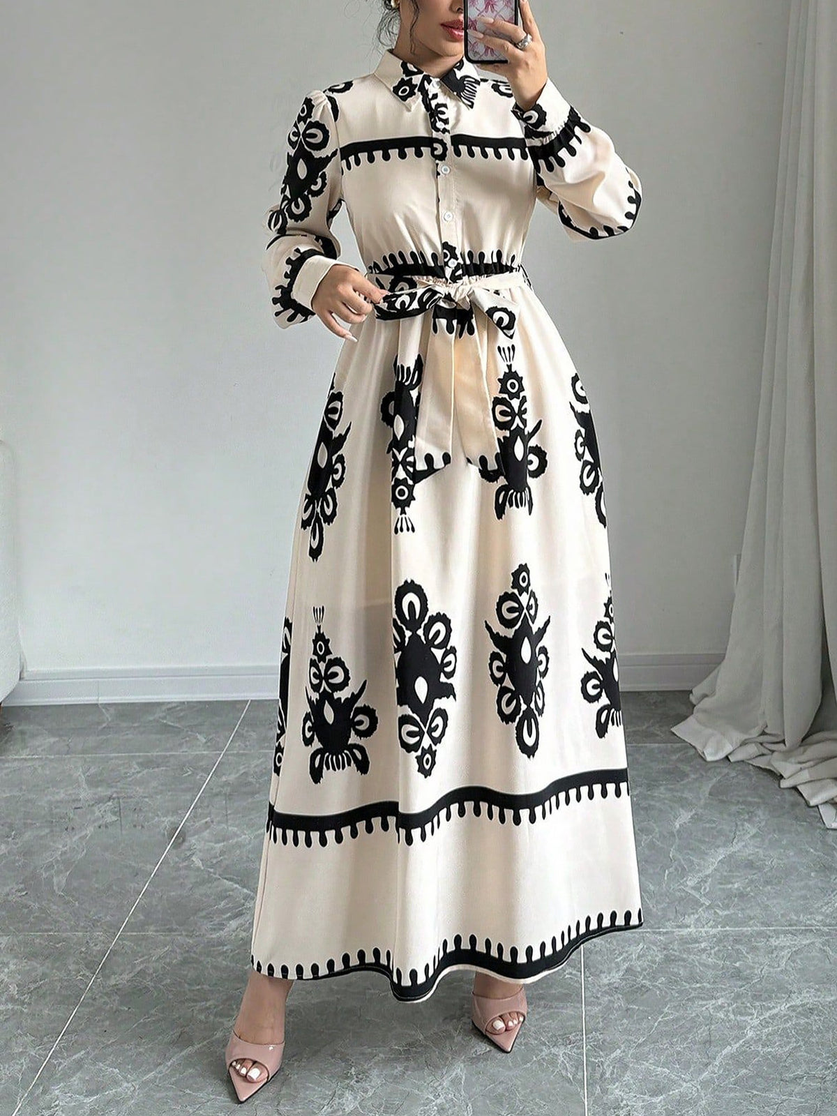 Lantern Long Sleeve Collar Boho Print Maxi Dress