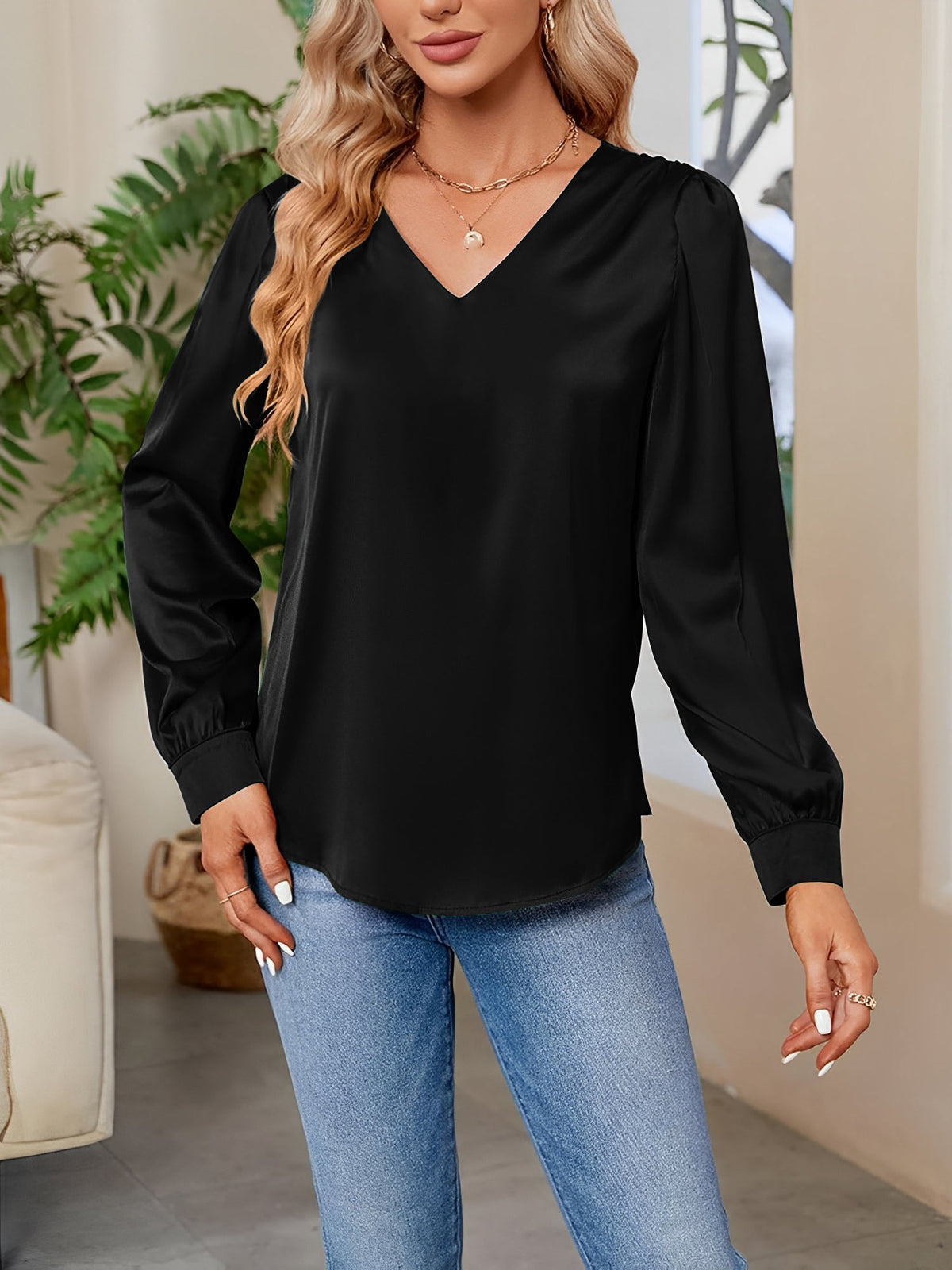 Satin Puff Long Sleeve V Neck Casual Blouse