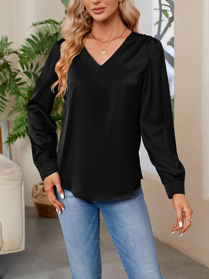 Satin Puff Long Sleeve V Neck Casual Blouse