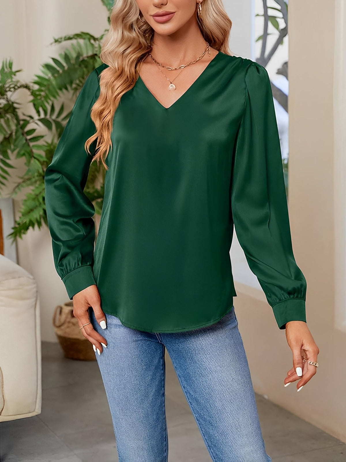 Satin Puff Long Sleeve V Neck Casual Blouse