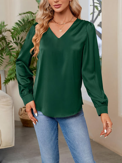 Satin Puff Long Sleeve V Neck Casual Blouse