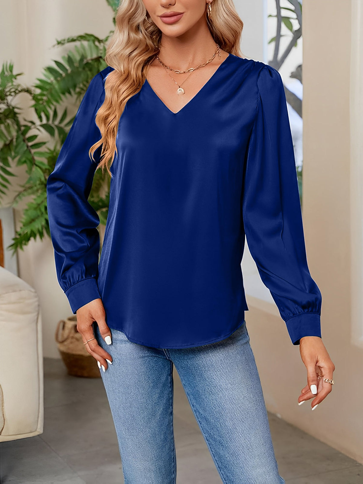 Satin Puff Long Sleeve V Neck Casual Blouse