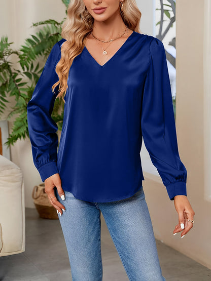 Satin Puff Long Sleeve V Neck Casual Blouse