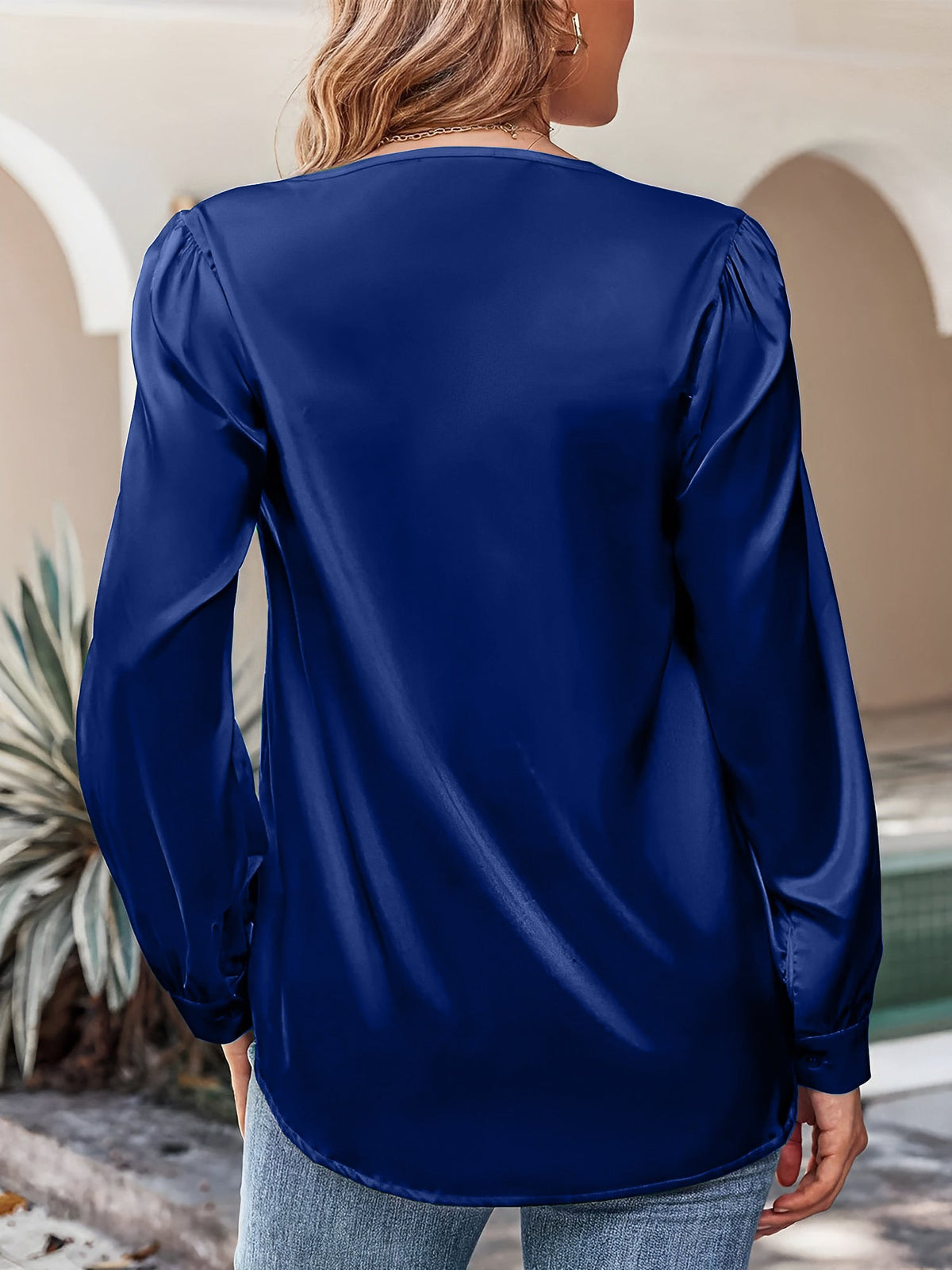 Satin Puff Long Sleeve V Neck Casual Blouse