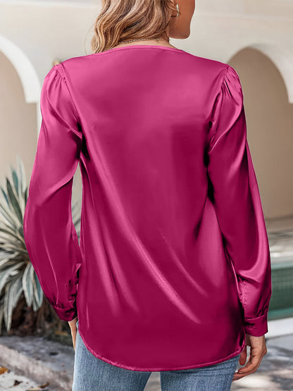 Satin Puff Long Sleeve V Neck Casual Blouse