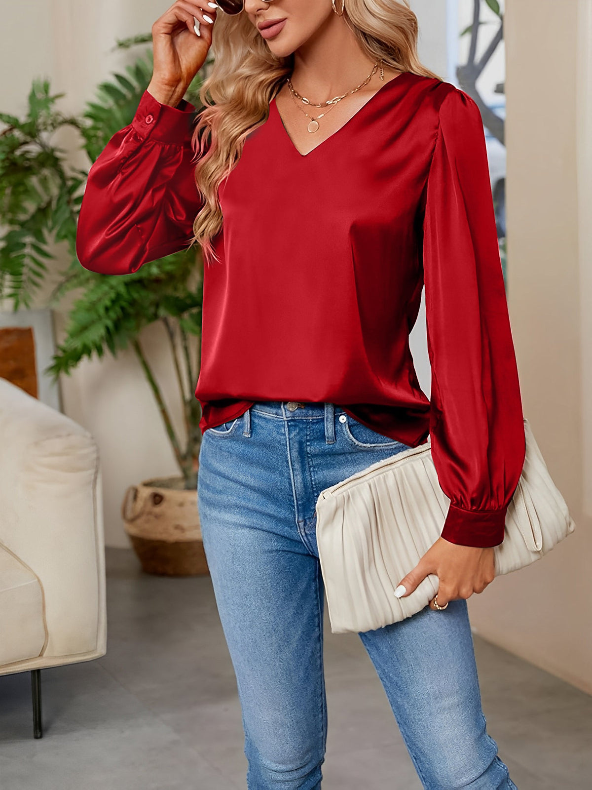 Satin Puff Long Sleeve V Neck Casual Blouse