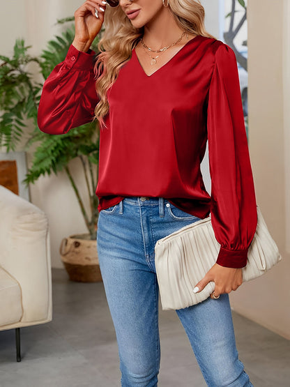 Satin Puff Long Sleeve V Neck Casual Blouse