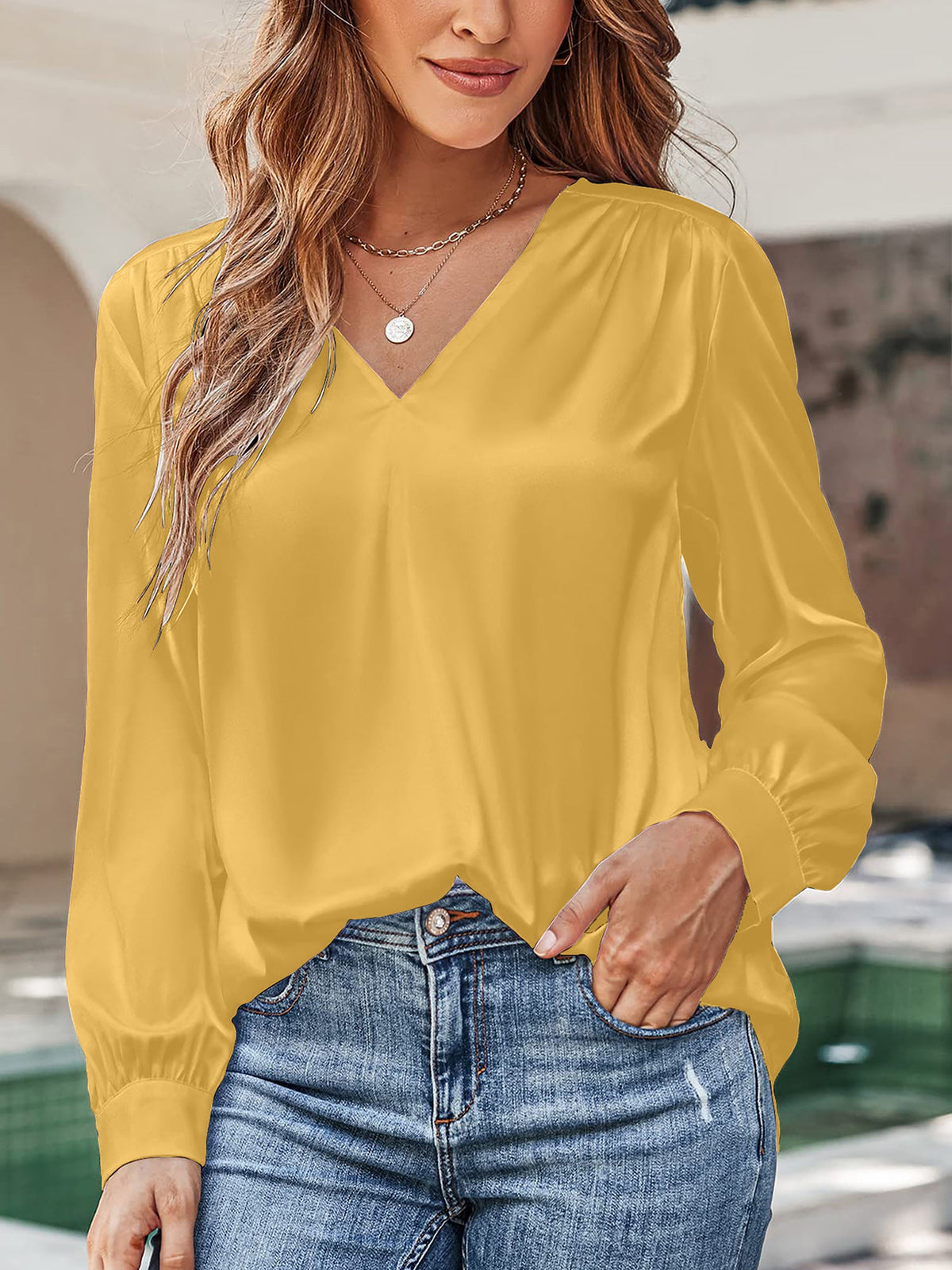 Satin Puff Long Sleeve V Neck Casual Blouse