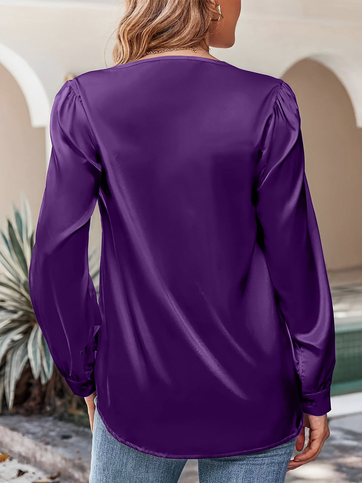 Satin Puff Long Sleeve V Neck Casual Blouse