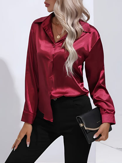 Versatile Collared Satin Solid Color Button Front Lapel Adjustable Cuffs Shirt