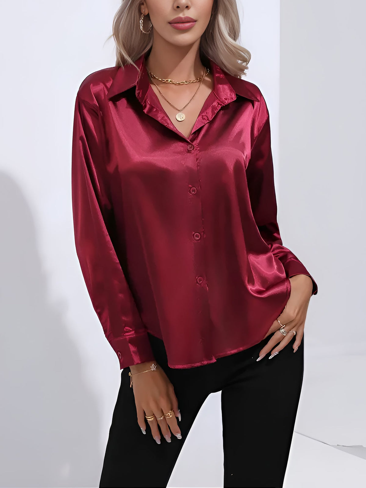 Versatile Collared Satin Solid Color Button Front Lapel Adjustable Cuffs Shirt