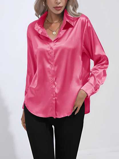 Versatile Collared Satin Solid Color Button Front Lapel Adjustable Cuffs Shirt