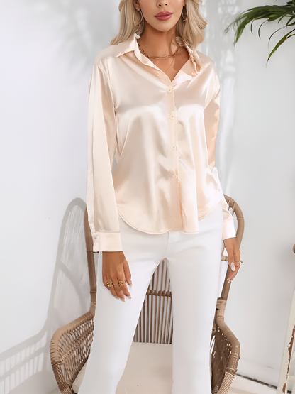 Versatile Collared Satin Solid Color Button Front Lapel Adjustable Cuffs Shirt