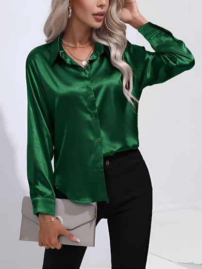 Versatile Collared Satin Solid Color Button Front Lapel Adjustable Cuffs Shirt
