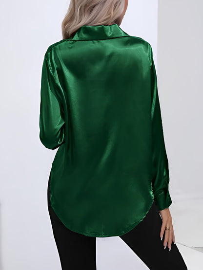 Versatile Collared Satin Solid Color Button Front Lapel Adjustable Cuffs Shirt