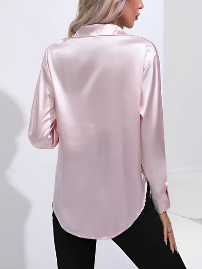Versatile Collared Satin Solid Color Button Front Lapel Adjustable Cuffs Shirt