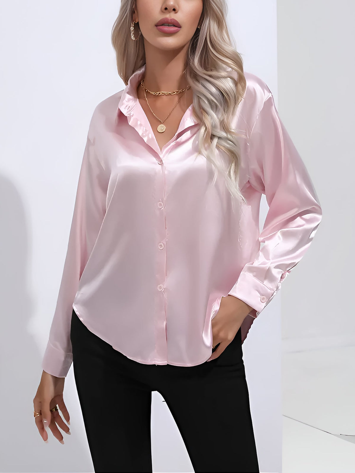 Versatile Collared Satin Solid Color Button Front Lapel Adjustable Cuffs Shirt