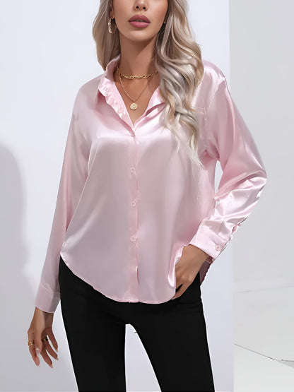 Versatile Collared Satin Solid Color Button Front Lapel Adjustable Cuffs Shirt