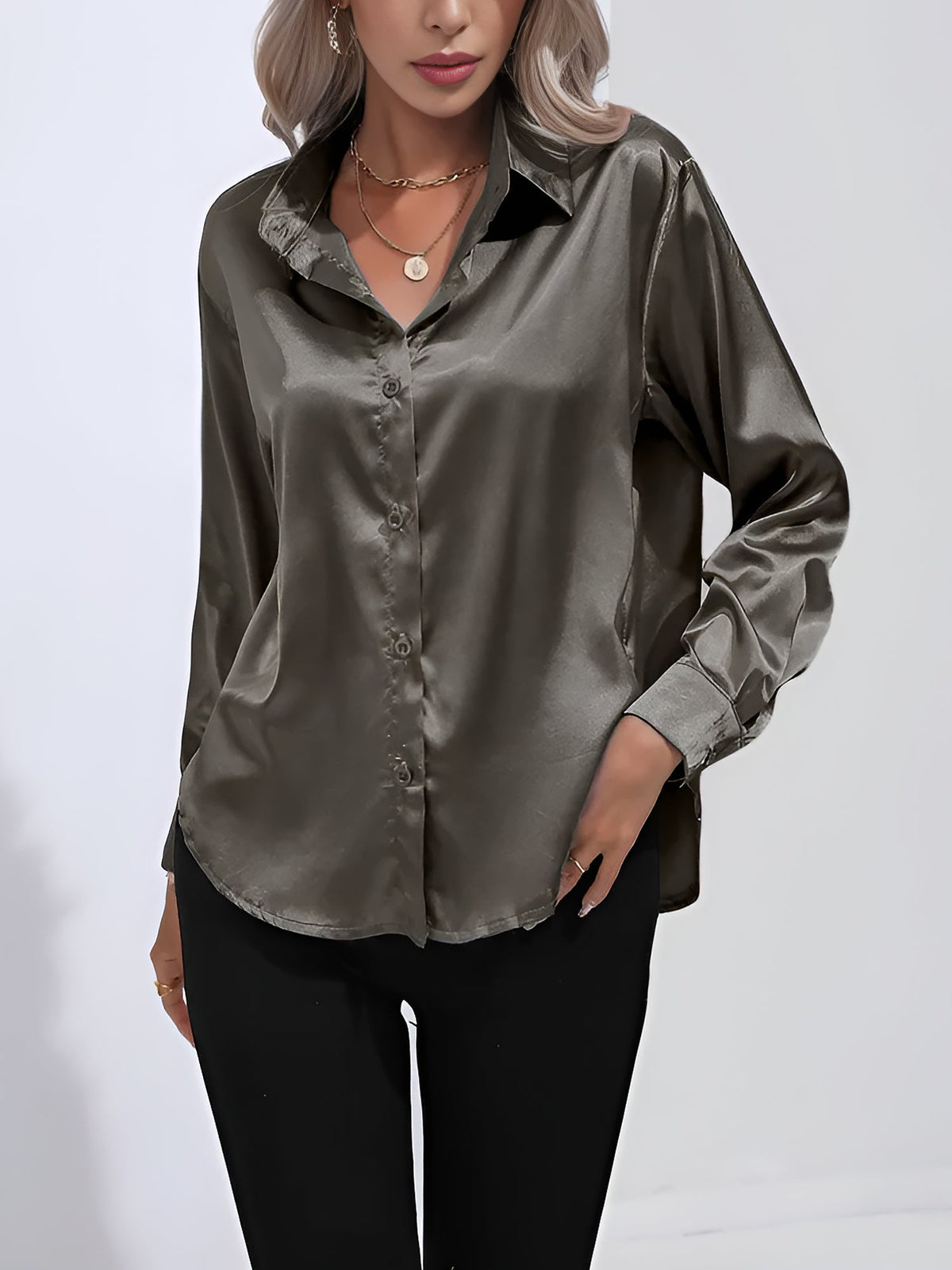 Versatile Collared Satin Solid Color Button Front Lapel Adjustable Cuffs Shirt