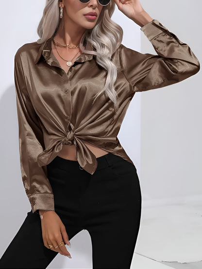 Versatile Collared Satin Solid Color Button Front Lapel Adjustable Cuffs Shirt