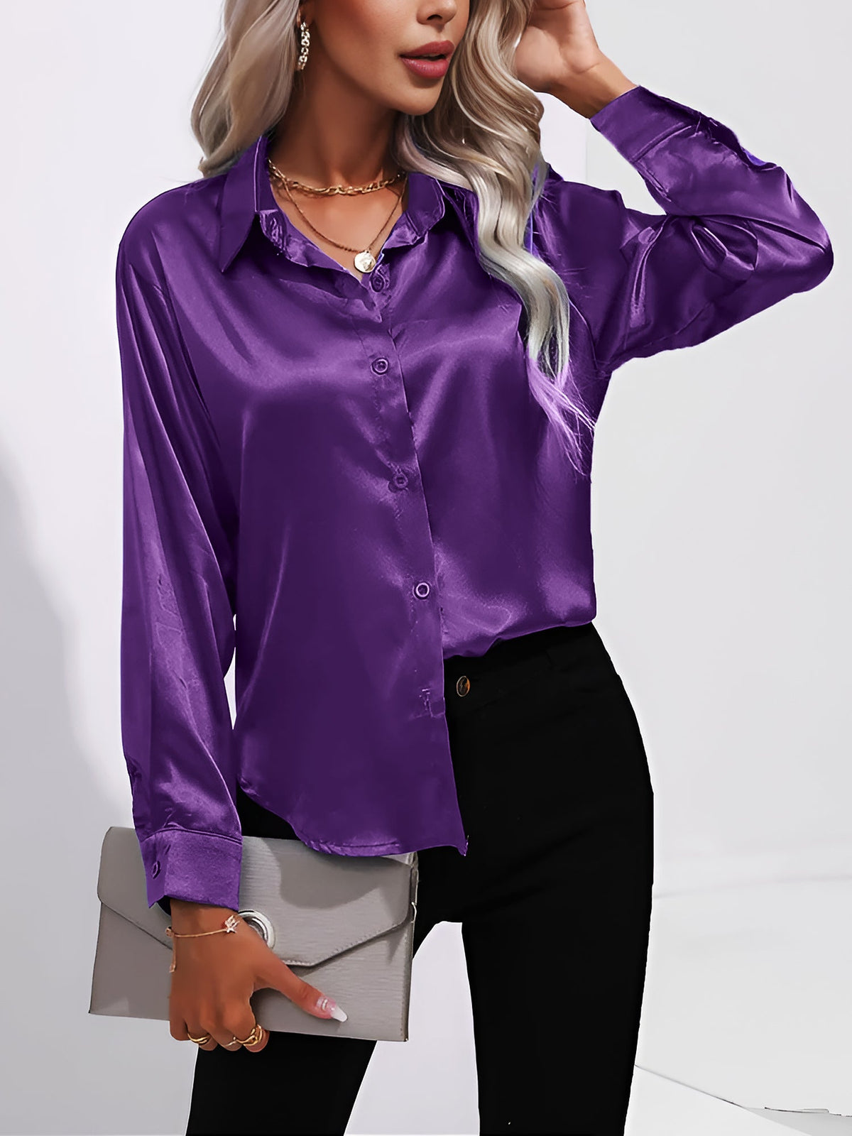 Versatile Collared Satin Solid Color Button Front Lapel Adjustable Cuffs Shirt