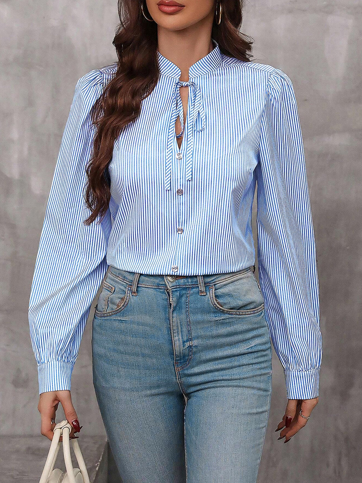 Striped Lace-Up Puff Long Sleeves Casual Blouse