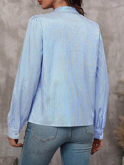 Striped Lace-Up Puff Long Sleeves Casual Blouse