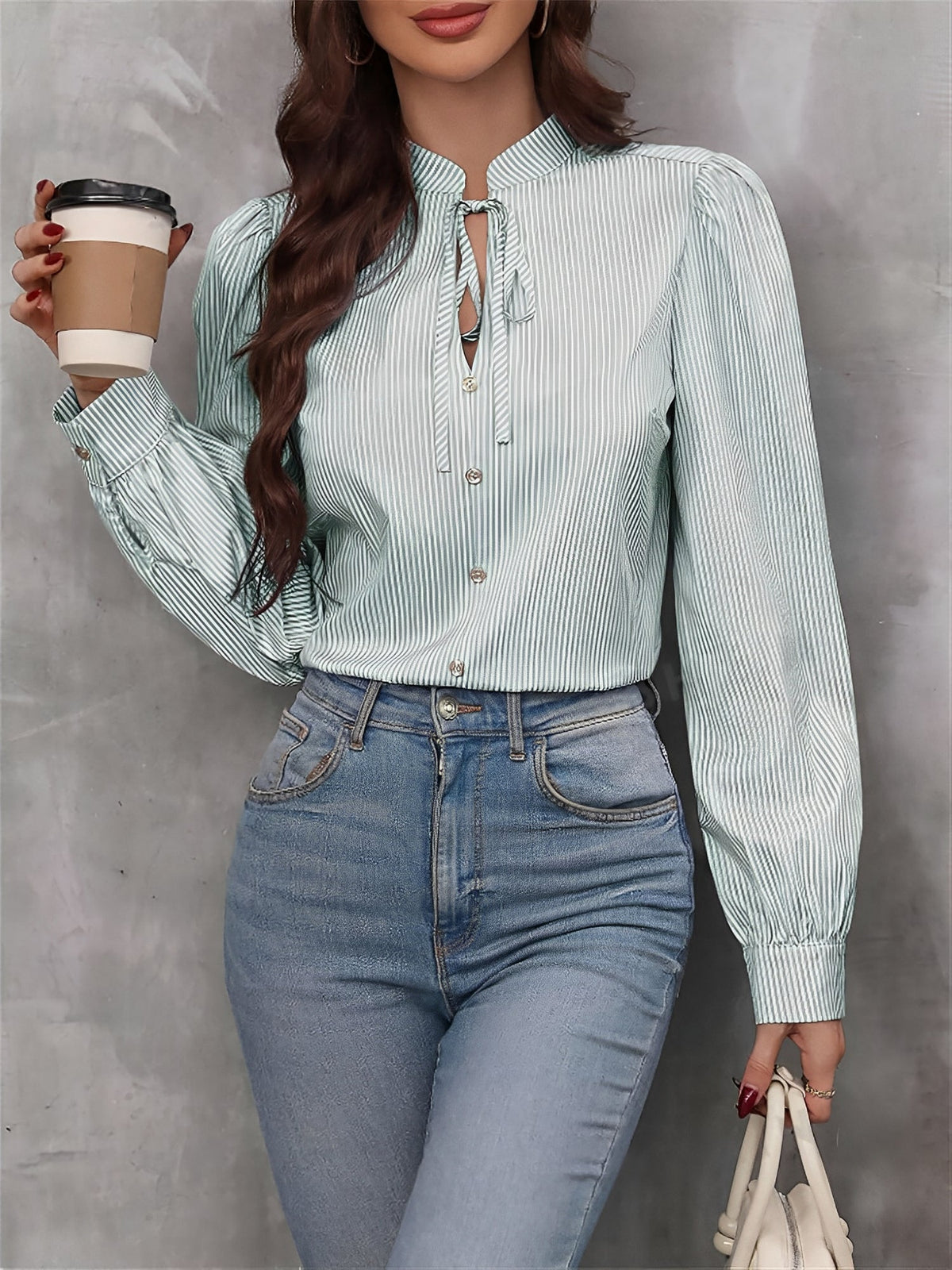 Striped Lace-Up Puff Long Sleeves Casual Blouse