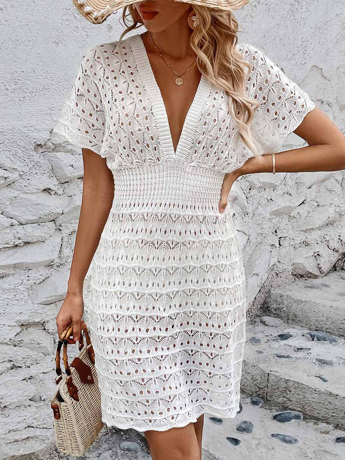 V Neck Eyelet Sheer Knitted Beach Dress Cover Ups