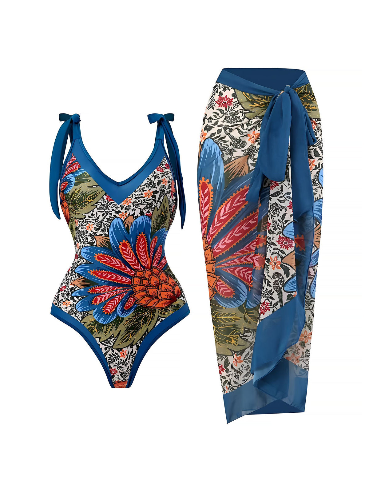 2 Pieces Printed Lace- Up Swimsuit & Wrap Maxi Skirt Cover Ups Set