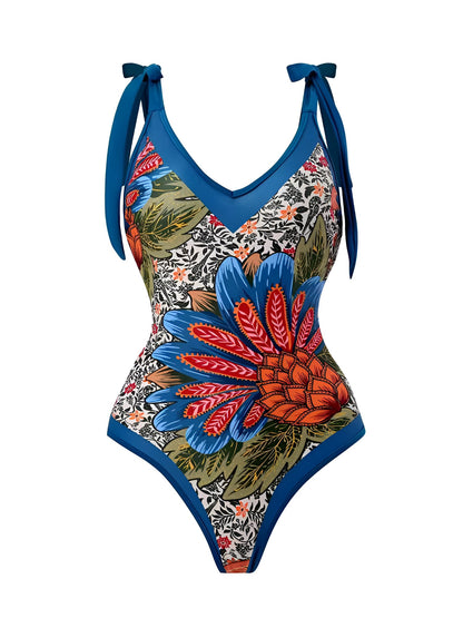 2 Pieces Printed Lace- Up Swimsuit & Wrap Maxi Skirt Cover Ups Set