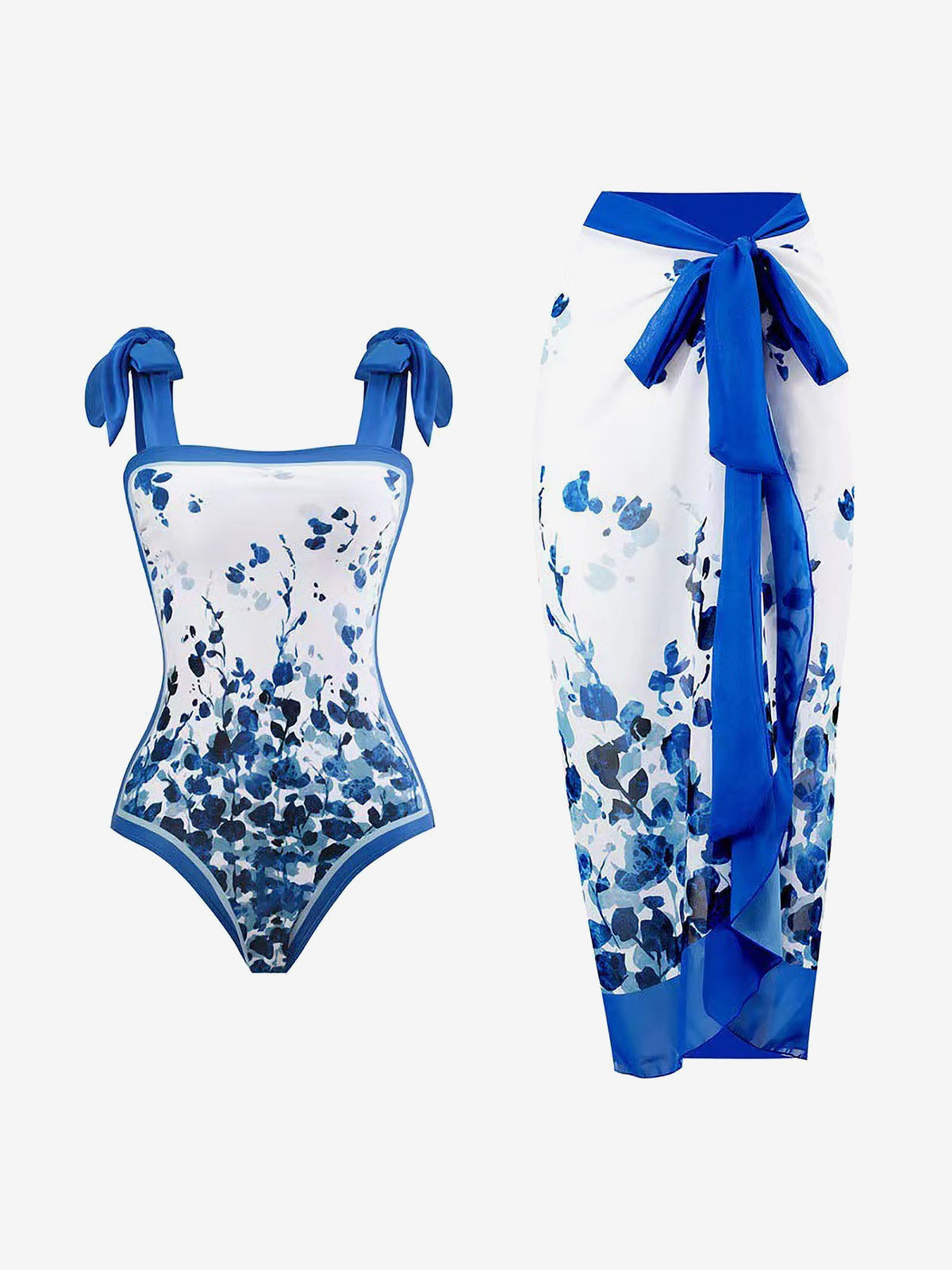 2 Pieces Printed Lace- Up Swimsuit & Wrap Maxi Skirt Cover Ups Set