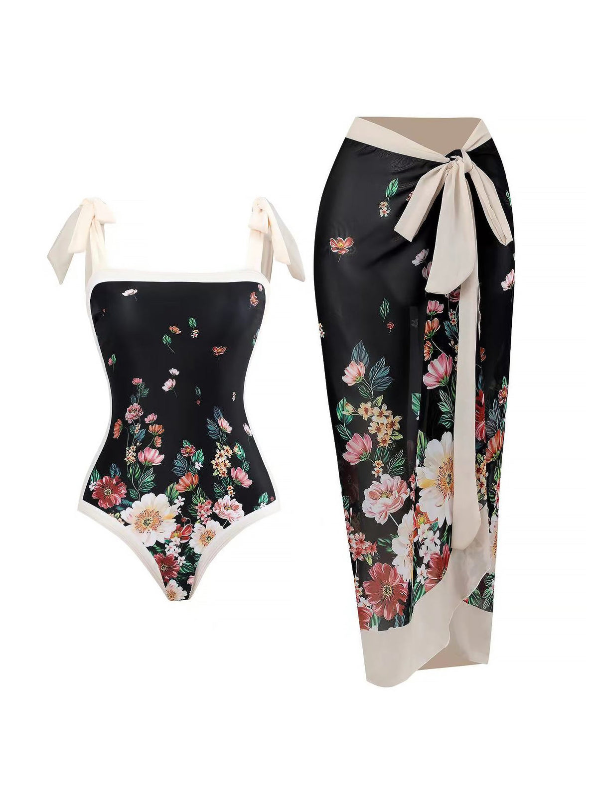 2 Pieces Printed Lace- Up Swimsuit & Wrap Maxi Skirt Cover Ups Set