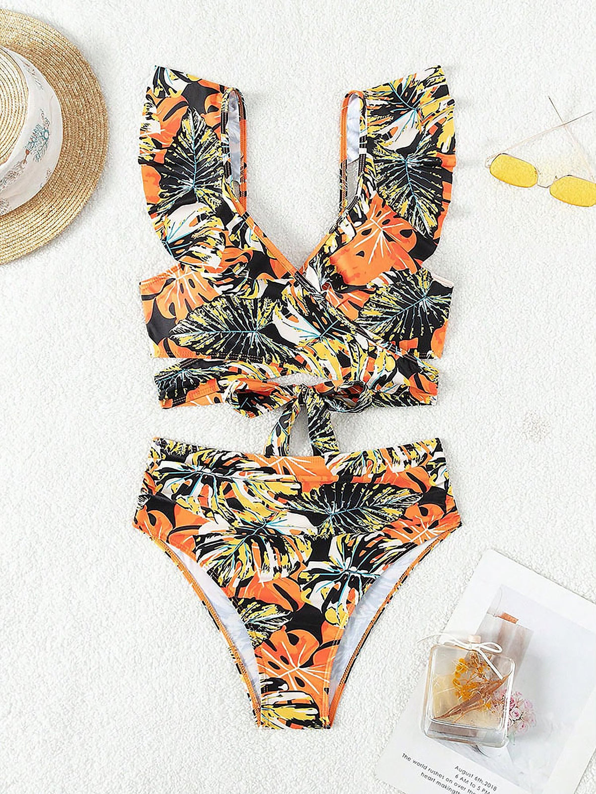 Ruffled Lace-Up Floral Bikini Swimsuits