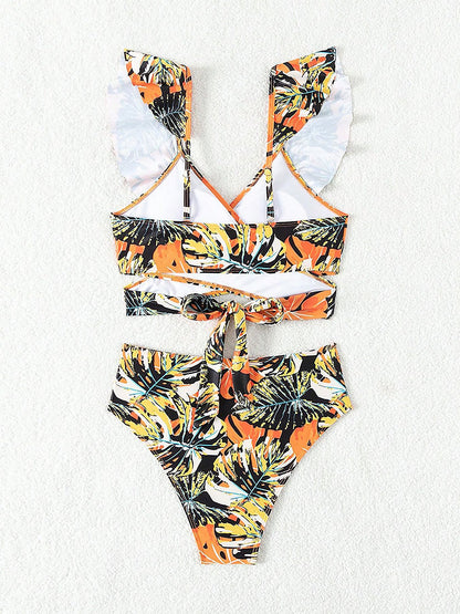 Ruffled Lace-Up Floral Bikini Swimsuits