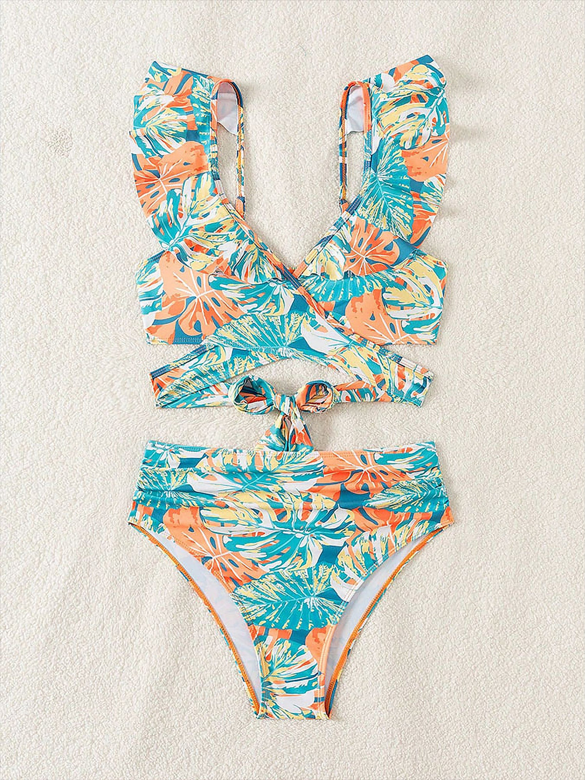 Ruffled Lace-Up Floral Bikini Swimsuits