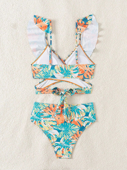 Ruffled Lace-Up Floral Bikini Swimsuits