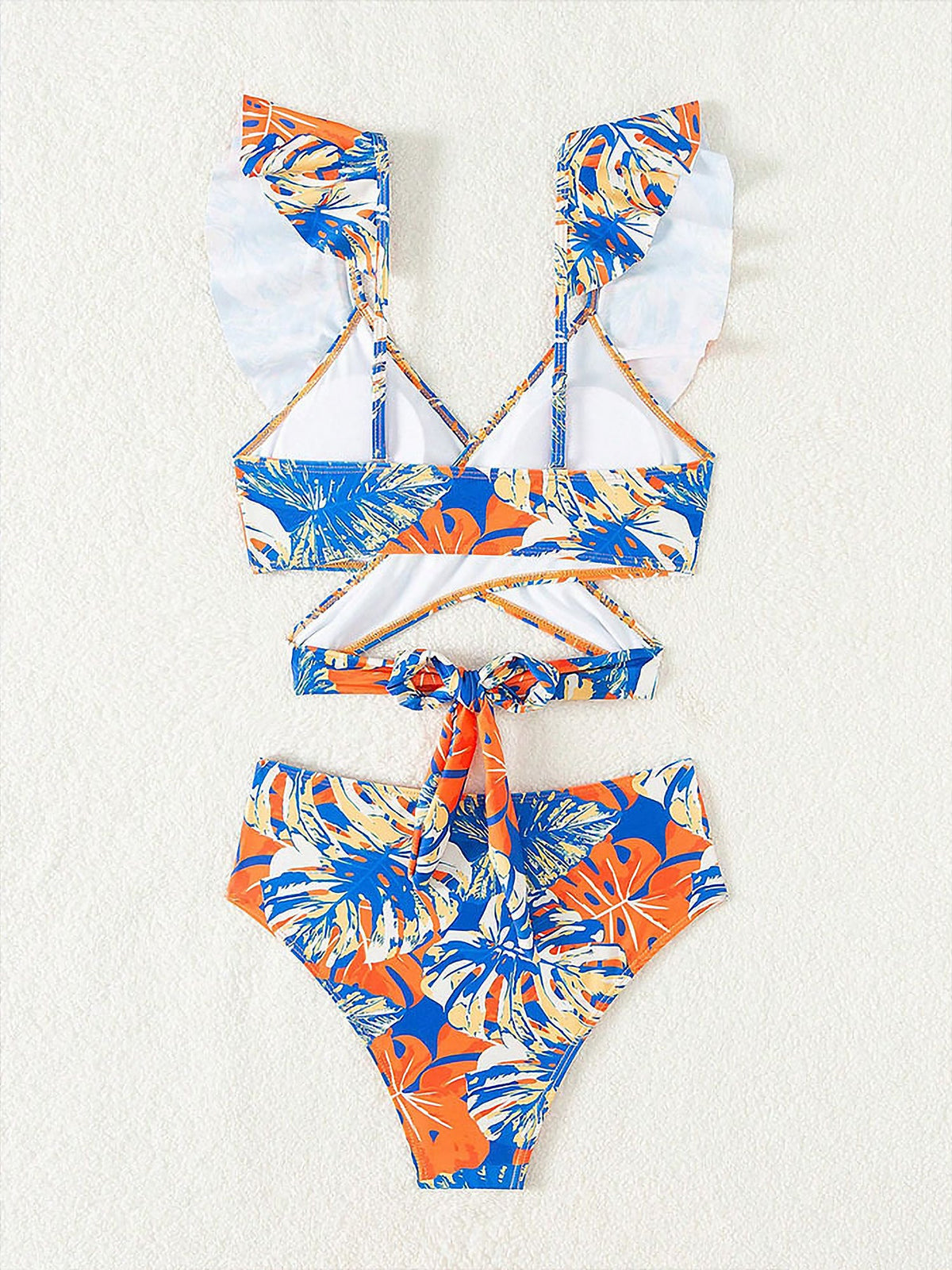 Ruffled Lace-Up Floral Bikini Swimsuits