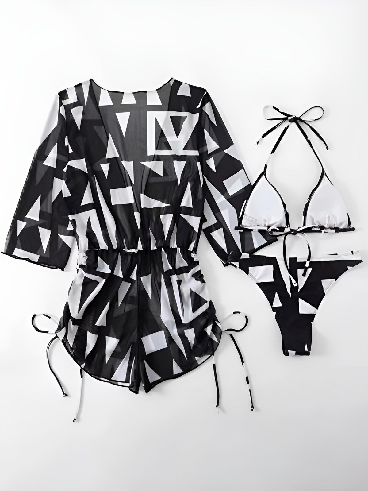 3 Pieces Halter Lace-Up Bikinis & Printed Beach Cover Ups Set