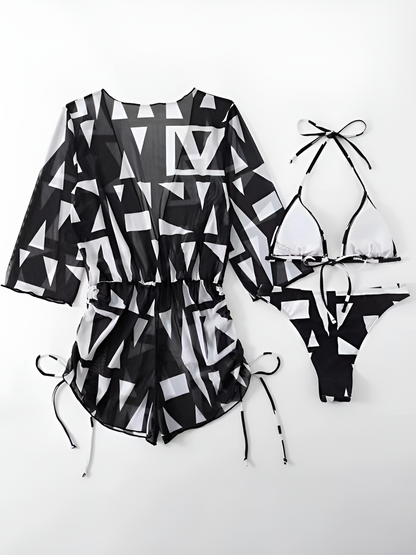 3 Pieces Halter Lace-Up Bikinis & Printed Beach Cover Ups Set