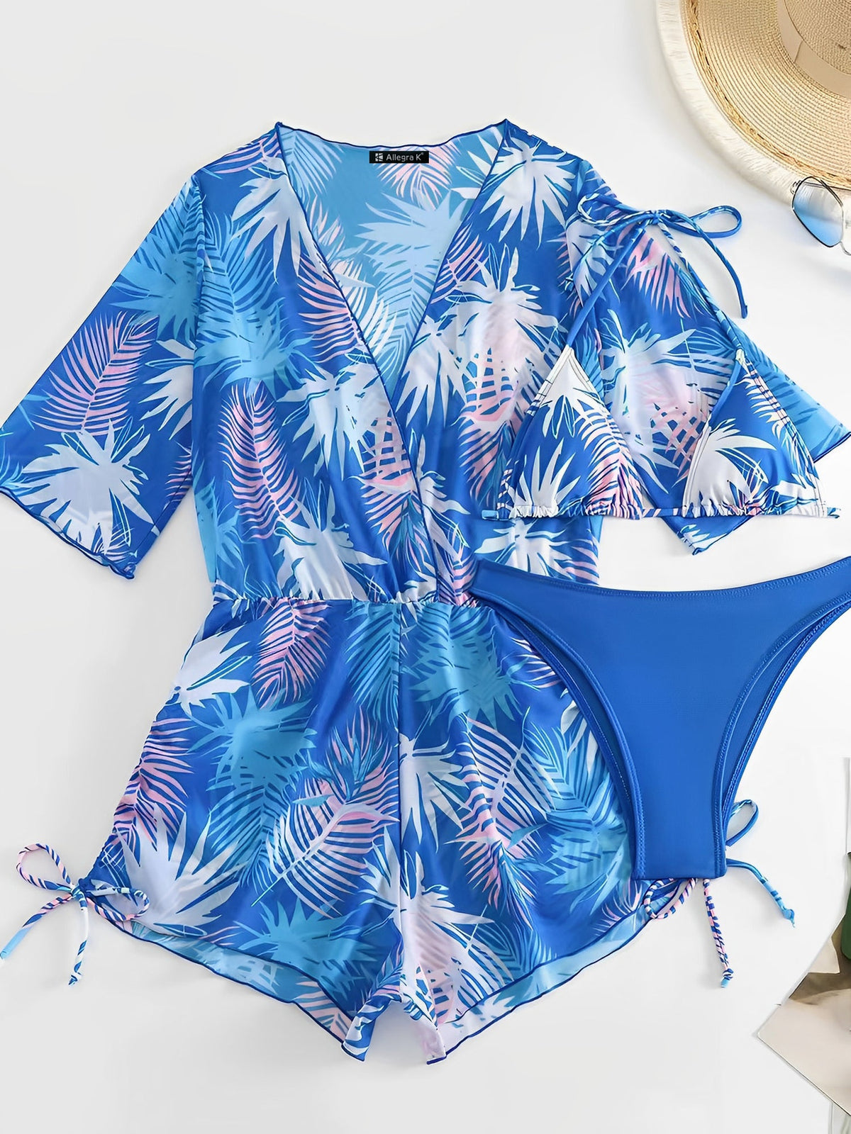 3 Pieces Halter Lace-Up Bikinis & Printed Beach Cover Ups Set