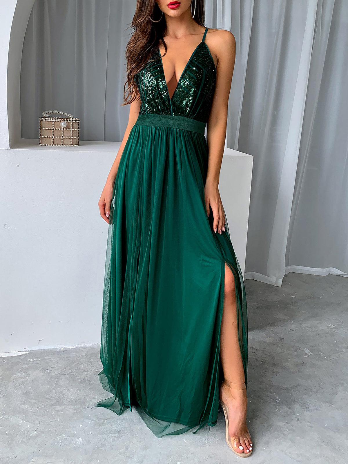 Sequin Mesh Spaghetti Strap Backless Slit Maxi Dress