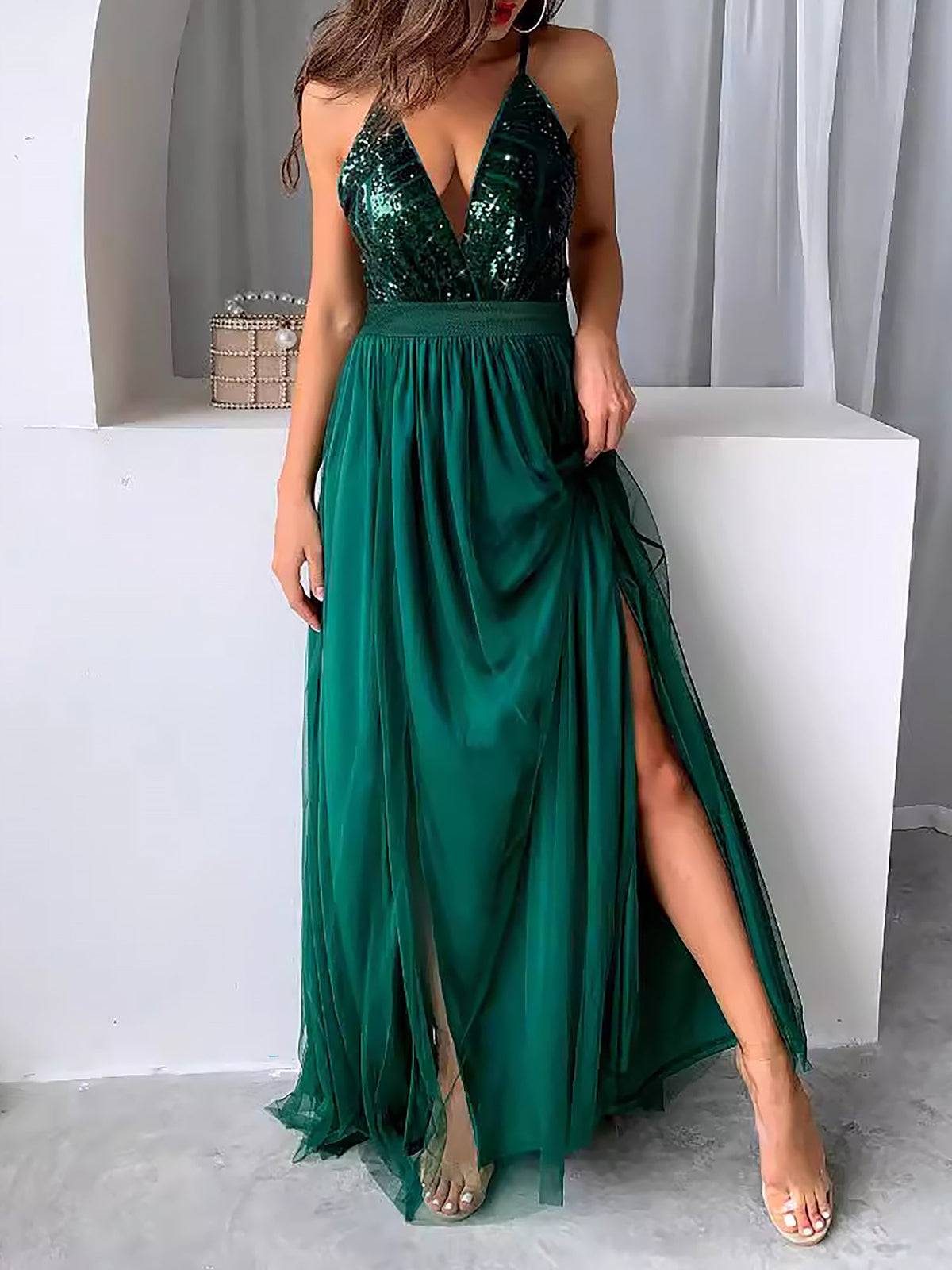 Sequin Mesh Spaghetti Strap Backless Slit Maxi Dress