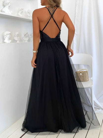 Sequin Mesh Spaghetti Strap Backless Slit Maxi Dress
