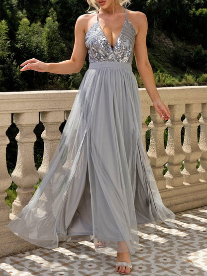 Sequin Mesh Spaghetti Strap Backless Slit Maxi Dress