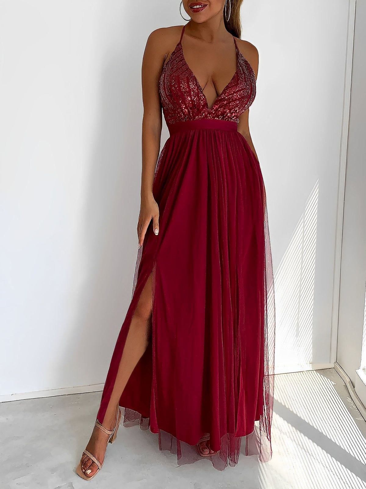 Sequin Mesh Spaghetti Strap Backless Slit Maxi Dress