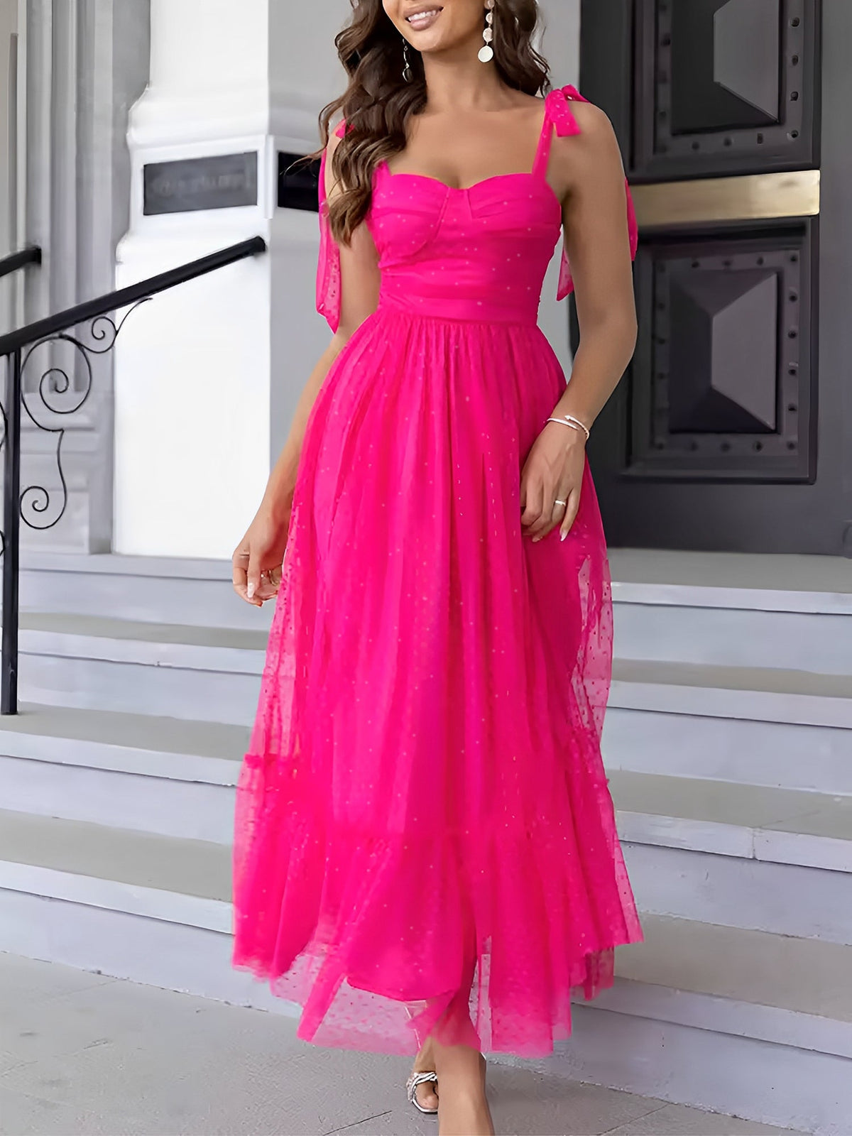 Sexy Sheer Swiss Dots Mesh Lace-Up Sleeveless Maxi Party Dress