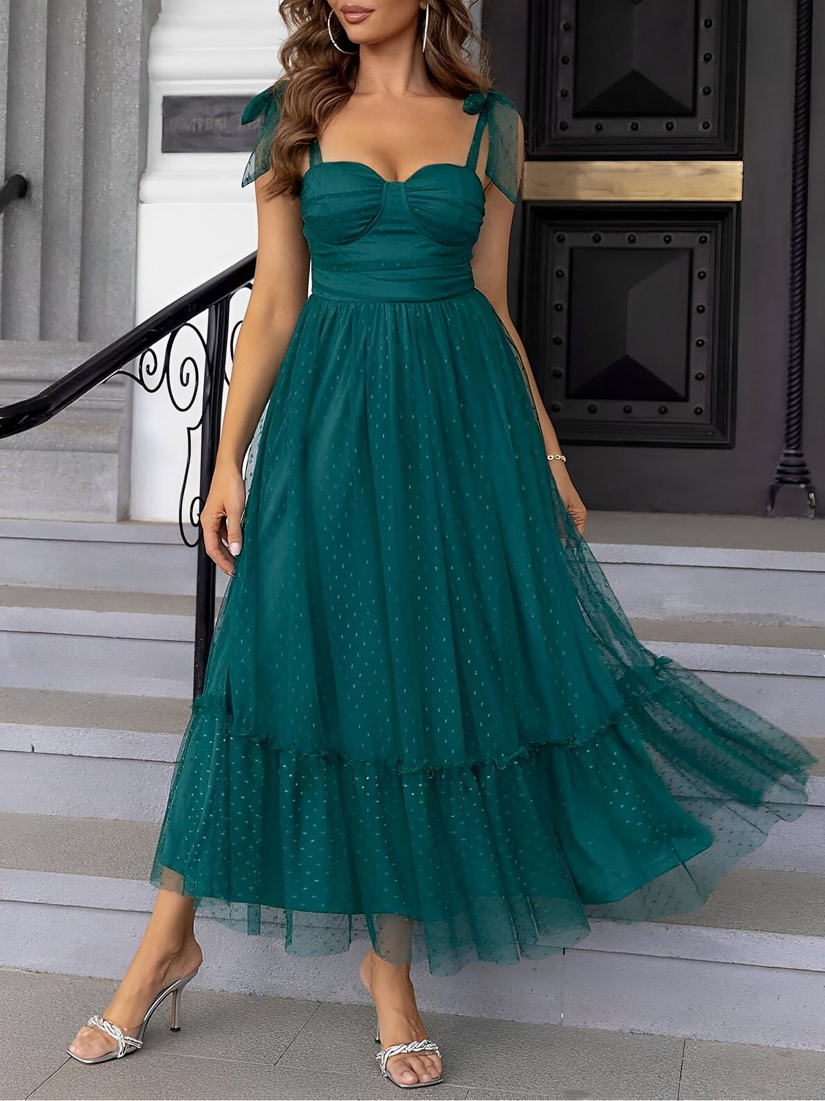 Sexy Sheer Swiss Dots Mesh Lace-Up Sleeveless Maxi Party Dress